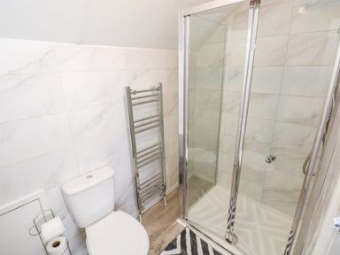 A bathroom with a toilet a towel radiator glass shower enclosure and tiled walls at Garth in Pen-y-bryn near Cardigan