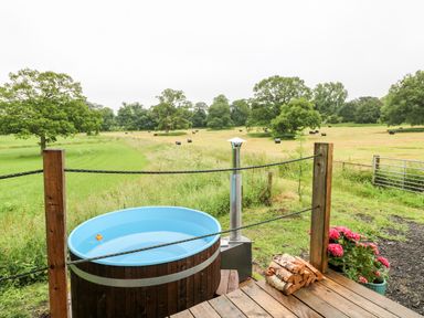 An outdoor wooden hot tub on a deck with firewood and flowers overlooking a field with trees at The Lazy Mare by The Water Admaston near Abbots Bromley