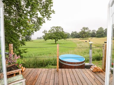 A wooden deck with a hot tub overlooking a grassy field with trees at The Lazy Mare by The Water in Admaston near Abbots Bromley