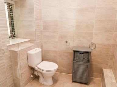 A bathroom with a toilet a small cabinet with a wicker basket and tiled walls at Ramsey Cottage in Milford Haven