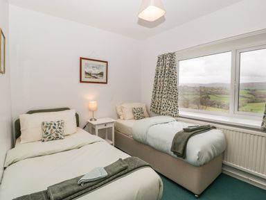 A bedroom with two single beds a nightstand with a lamp and a window with curtains showing a landscape view at Ty Twmp Tump Cottage in Tal-Y-Bont-On-Usk