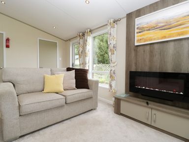 A living room with a beige sofa and cushions near a window with floral curtains and an electric fireplace at Hill View Lilac Lodge in Wareham