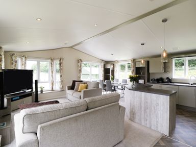 An open living room and kitchen with sofas television dining table and island at Hill View Lilac Lodge in Wareham
