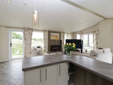 A living room with a television and a flower vase on a countertop at Hill View Lilac Lodge in Wareham