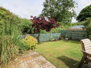A garden with a lawn a tree and a wooden fence with a wooden bench on a stone patio at Silva in Penmon