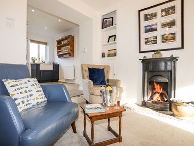 A living room with a blue armchair a beige armchair a small wooden table with a champagne bottle and glasses and a fireplace at Silva in Penmon