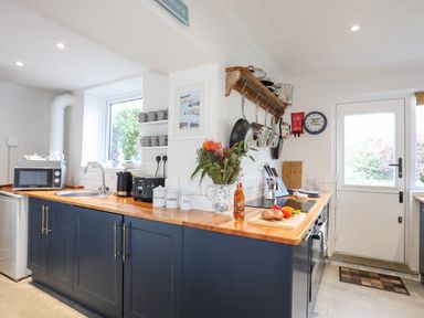 A kitchen with blue cabinets wooden countertop cooking utensils and a door with window at Silva Penmon