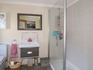 A bathroom with a toilet sink mirror shower area and basket at RoseGrace Lodge in Auchterarder