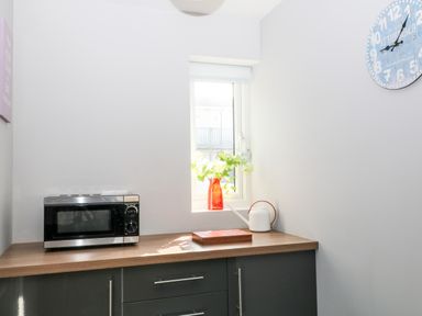 A kitchen countertop with a microwave a red vase with flowers a white watering can and a wall clock at Seagull Cottage in Bude