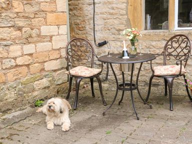 An outdoor patio area with two metal chairs with cushions a round metal table holding a bottle of champagne two glasses and a vase of flowers a small dog lying on the ground by the wall at Coln Cottage in Stow-On-The-Wold