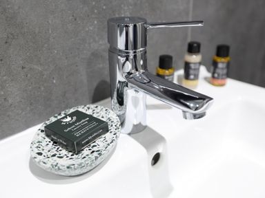 A bathroom sink with a chrome faucet soap on a soap dish and small toiletry bottles at The Poppy Fields Abode in Dyserth