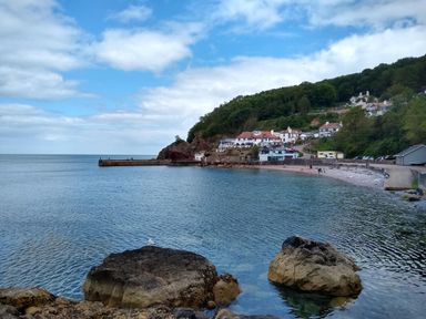 A coastal village with houses by the sea and a rocky shoreline at Saltwater Cottage in Babbacombe