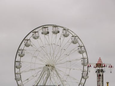 A Ferris wheel and a parachute drop ride against a gray sky at 14 Fairways in Burnham-On-Sea