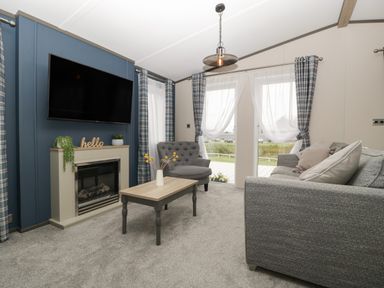 A living room with a sofa armchair coffee table fireplace and television at 14 Fairways in Burnham-On-Sea