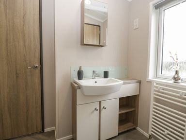 A bathroom sink with a mirror cabinet above and a window with a vase of flowers at 14 Fairways in Burnham-On-Sea