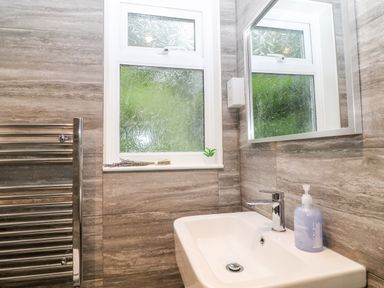 A bathroom sink with a soap dispenser a mirror a frosted window a towel rack and decorative plant at Lavender Lodge in St Ann's Chapel Cornwall