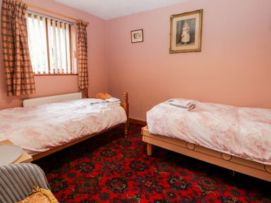 A bedroom with two single beds a patterned red carpet and a window with curtains at Rose Cottage in Burneside