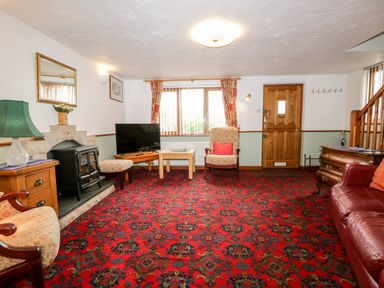 A living room with a red patterned carpet a wood burning stove chairs a television and a wooden door at Rose Cottage in Burneside