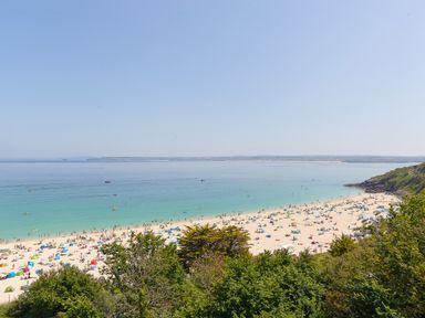 A beach with people on sand and in water with greenery in foreground at Crystal Bay in St Ives