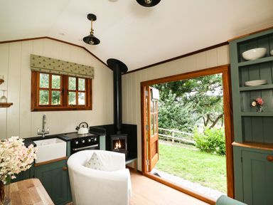 A small kitchen with a stove sink and wood burner next to open doors showing a garden at Little Silver Pheasant in High Bickington