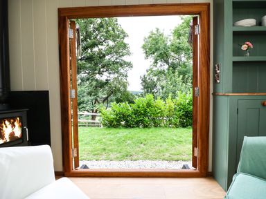 An open wooden framed door leading to a garden with green grass and trees inside a room with a wood burning stove and green cupboards at Little Silver Pheasant in High Bickington