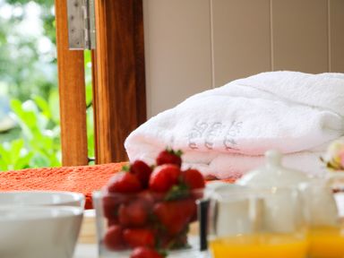 A table with strawberries juice bowls and white towels near a window at Little Silver Pheasant in High Bickington