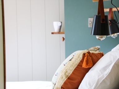 A close up of pillows on a bed near a wall with lamps and a shelf holding a white mug at Little Silver Pheasant in High Bickington