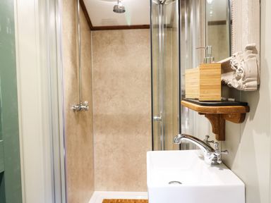 A bathroom shower area with a rainfall showerhead a small white sink with a faucet and a wooden shelf holding a soap dispenser at Little Silver Pheasant in High Bickington