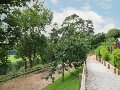 A gravel path and a woodchip path lined with trees and bushes at Little Silver Pheasant in High Bickington