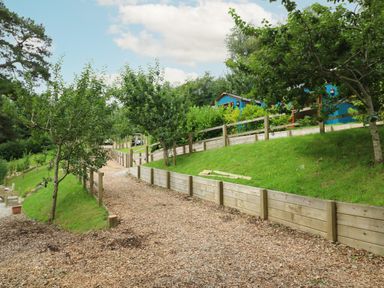 A gravel path with wooden fencing and green grassy banks with trees and a blue building in the background at Little Silver Pheasant in High Bickington