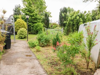 A garden area with various plants and a concrete path next to a covered structure at Teach Chiuin in Coolaheen near Cappoquin County Waterford