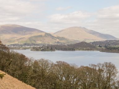 A lake with bare trees in the foreground and hills in the background at Derwent Haven in Keswick