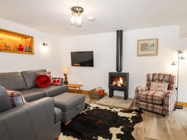 A living room with a gray sofa and a plaid armchair near a fireplace with a TV on the wall at Bagtor Granary in Ilsington