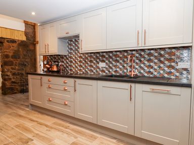 A kitchen with white cabinets copper handles a patterned tile backsplash and a black countertop at Bagtor Granary in Ilsington