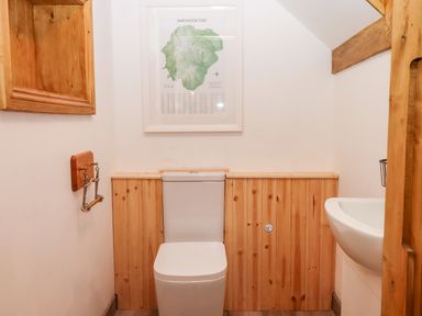 A small bathroom with a toilet a sink a framed map on the wall and wooden paneling at Bagtor Granary in Ilsington