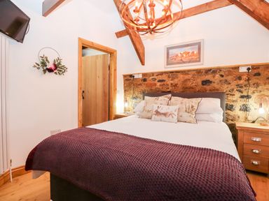 A bedroom with a bed pillows a purple blanket wooden bedside tables and a wall-mounted television at Bagtor Granary Ilsington