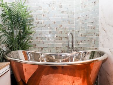 A bathroom with a metallic bathtub a green plant and a tiled wall at Bagtor Granary in Ilsington