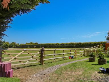 A fenced grassy field with a wooden gate and two potted plants near a gravel path at Filbert Pod in Arundel West Sussex