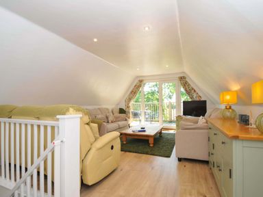 A living room with sofas a coffee table and a television near balcony doors at 60 Valley Lodge in Callington near Gunnislake
