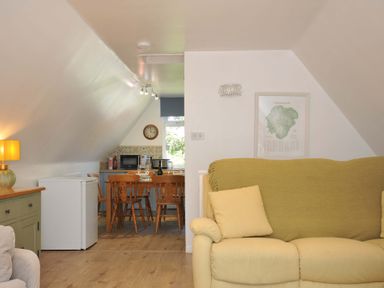 An open plan living room and kitchen area with a yellow sofa green sideboard dining table with wooden chairs and kitchen appliances at 60 Valley Lodge Callington near Gunnislake