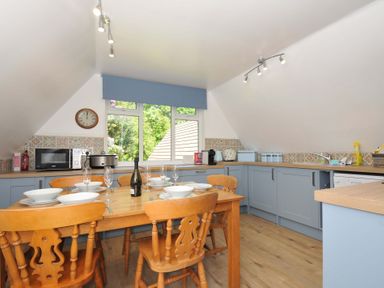 A kitchen with a wooden table and chairs set for dining and blue cabinets at 60 Valley Lodge in Callington near Gunnislake