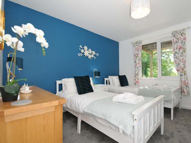 A bedroom with two white single beds a blue accent wall and a wooden dresser 60 Valley Lodge Callington near Gunnislake