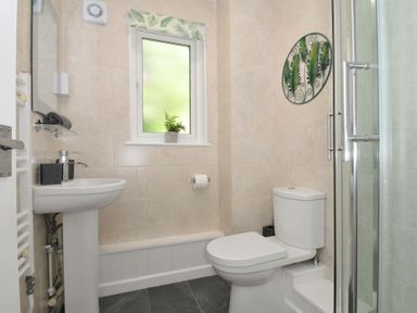 A bathroom with a sink a toilet a shower and a window with a plant at 60 Valley Lodge in Callington near Gunnislake