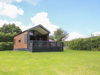 A small cabin with a deck surrounded by grass and hedges at Jacob's Meadow Pod 2 Minsterley near Chirbury