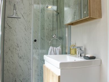 A bathroom with a sink a faucet a soap dispenser a soap dish a towel ring with a towel a glass shower enclosure and a wall-mounted mirrored cabinet at Jacob's Meadow Pod 2 in Minsterley near Chirbury