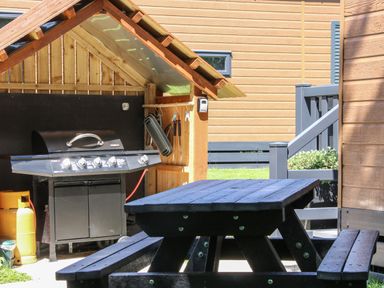 A covered outdoor barbecue area with a black grill and a black picnic table at Jacobs Meadow Pod 2 in Minsterley near Chirbury