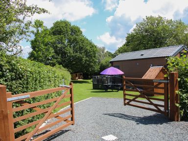 A gravel driveway with wooden gates open leading to a lawn with a picnic table and purple umbrella and a brown cabin at Jacob's Meadow Pod 2 in Minsterley near Chirbury