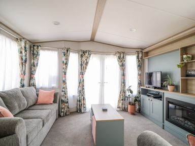A living room with a grey sofa pink cushions patterned curtains a coffee table a TV and plants at Burlees Nest in Brigham near Great Broughton Cockermouth