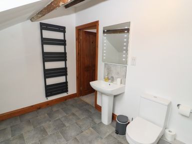 A bathroom with a toilet sink mirror and black towel radiator at Fryston Cottage in Keswick
