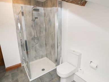 A bathroom with a glass shower enclosure and a toilet with a toilet paper holder at Fryston Cottage in Keswick